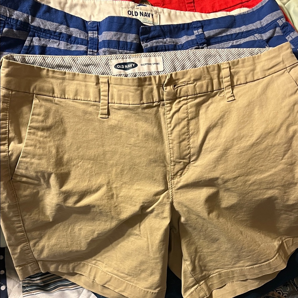 Old Navy Women's Khaki Shorts, Red and Blue Striped Shorts. These are comfy